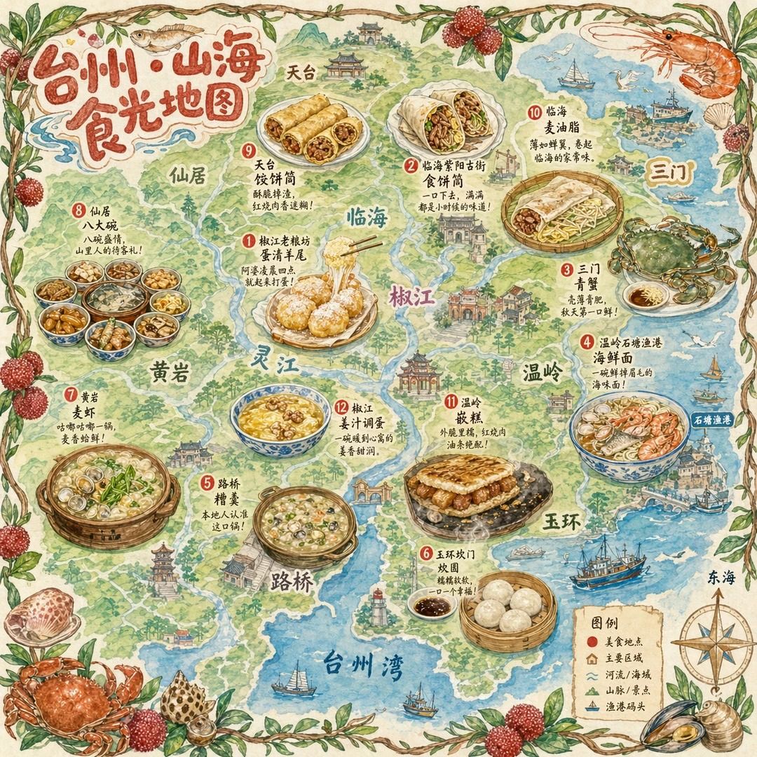 一张手绘风格的城市美食地图,以台州为主题