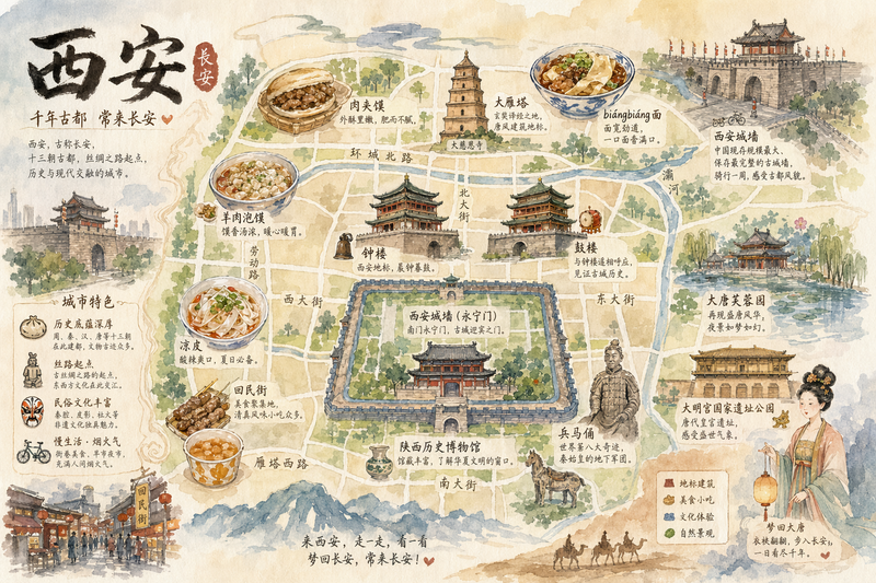 西安手绘水彩城市地图