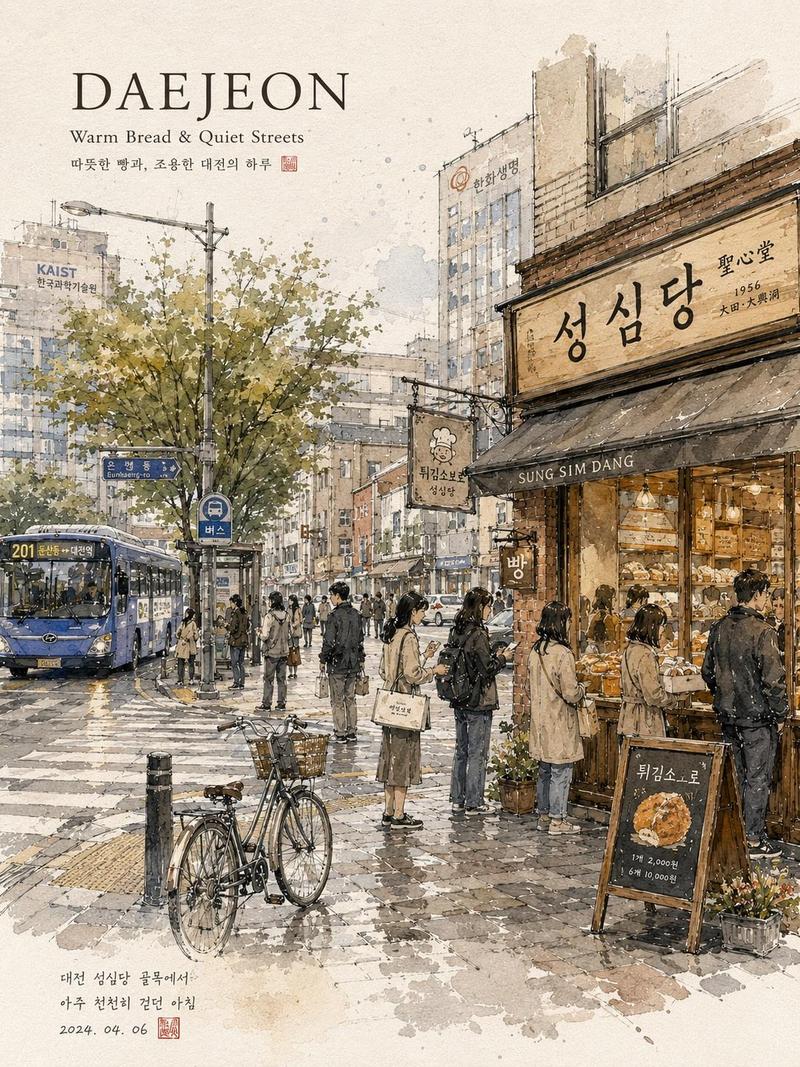 韩国城市水彩旅行插画