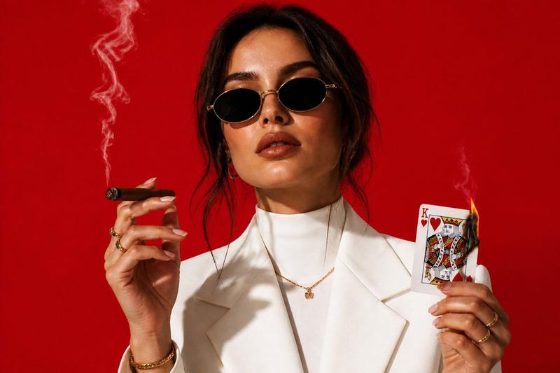 White Suit Red Backdrop Portrait