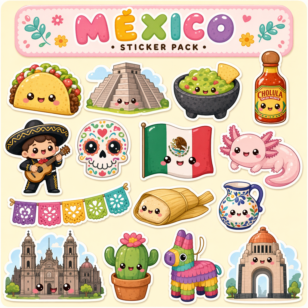 Kawaii sticker pack: Mexico icons