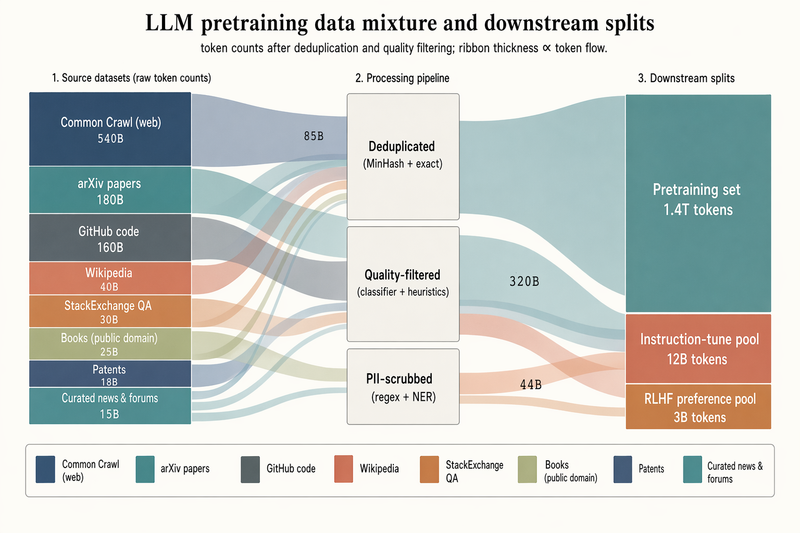 LLM pretraining data-mixture sankey