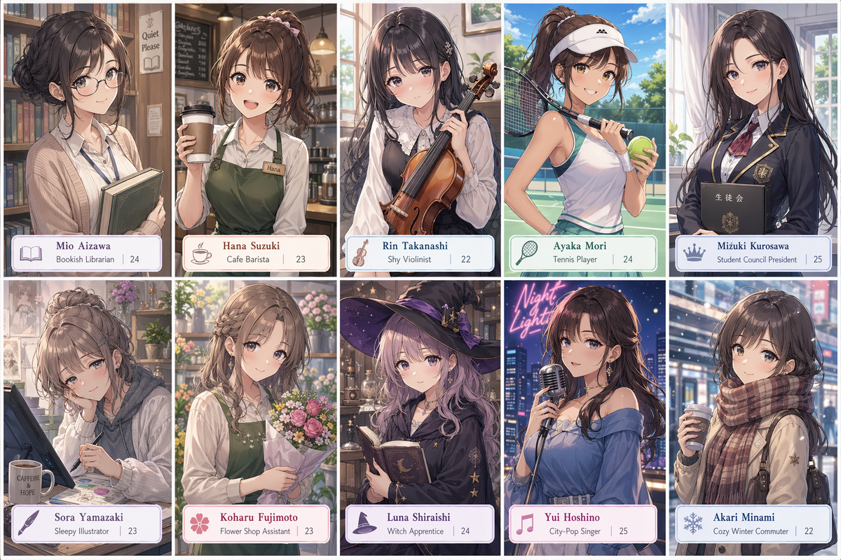 Ten-panel anime character grid