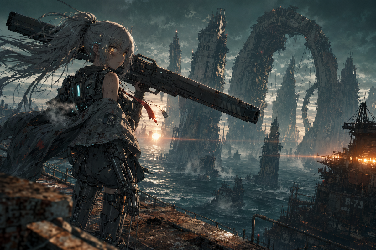 Cyberpunk mecha girl over sea fortress