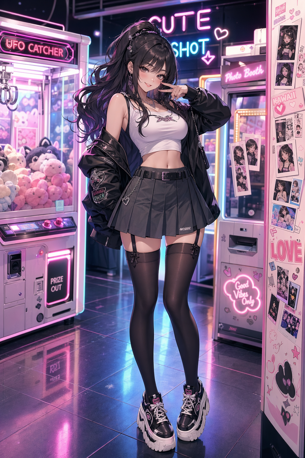 Neon arcade anime fashion portrait