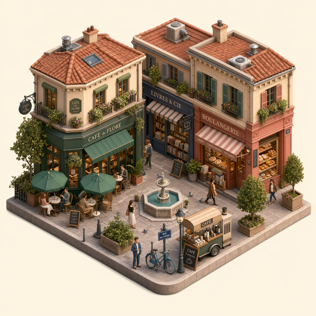 Isometric miniature cafe district