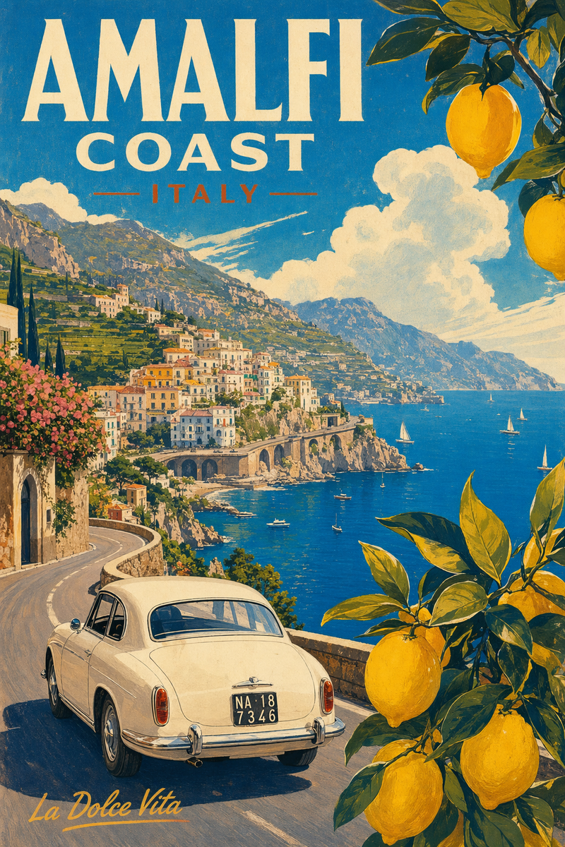 Vintage Amalfi Coast travel poster