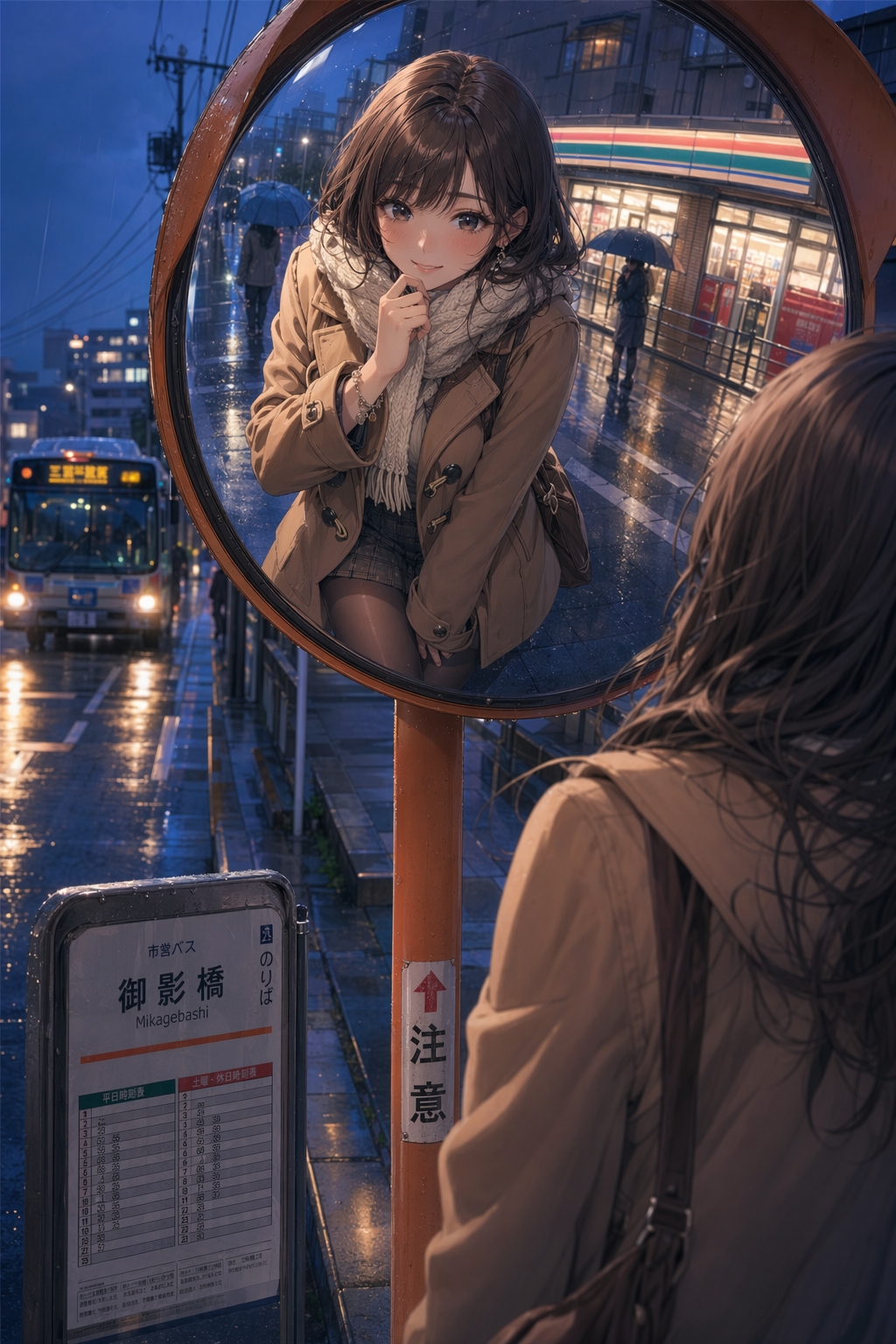 Rainy bus-stop mirror anime portrait