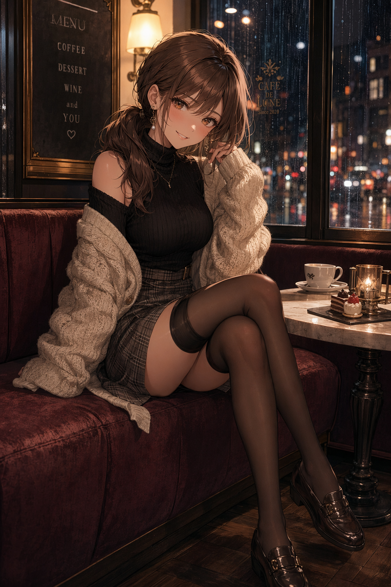 Elegant cafe anime fashion portrait