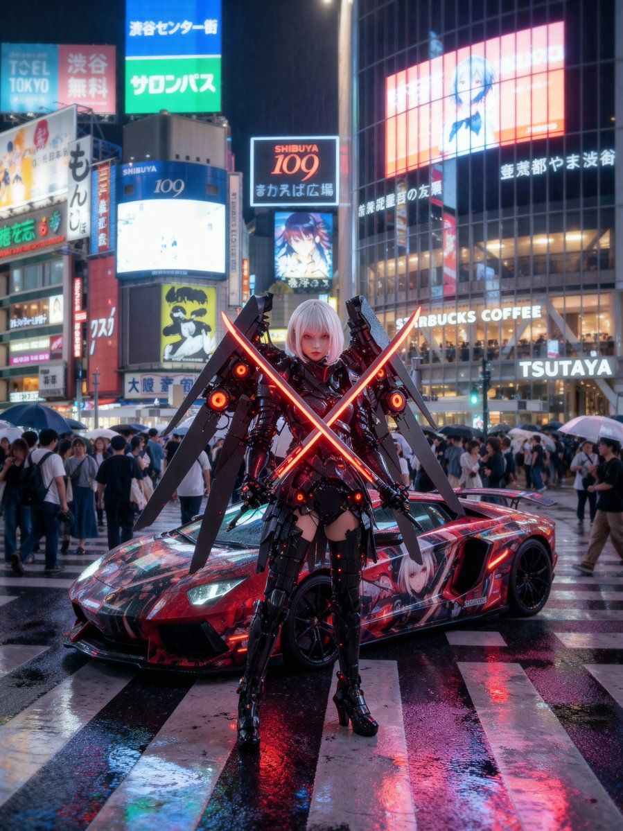 在涩谷交叉路口,Cosplayer 与痛车合影