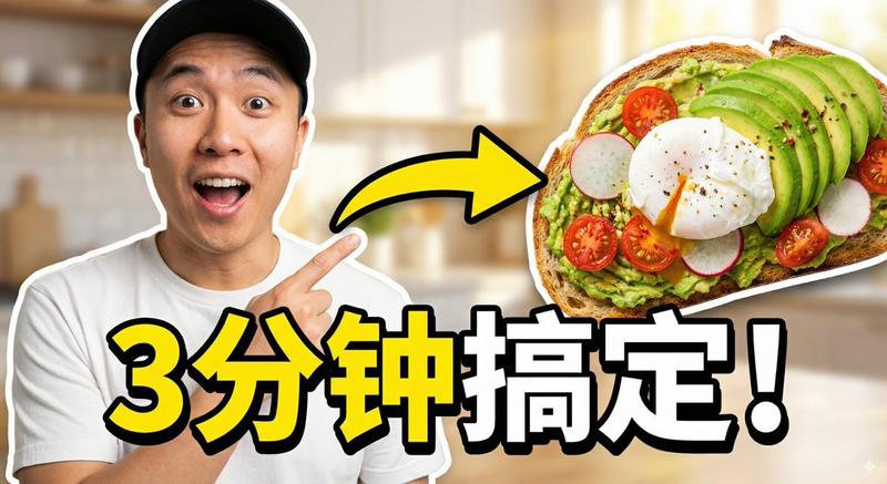 病毒式缩略图：兴奋地指着，牛油果吐司，“3 分钟搞定！”