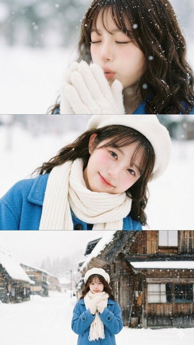 亚洲女性在北海道雪景中的垂直胶片拼贴画