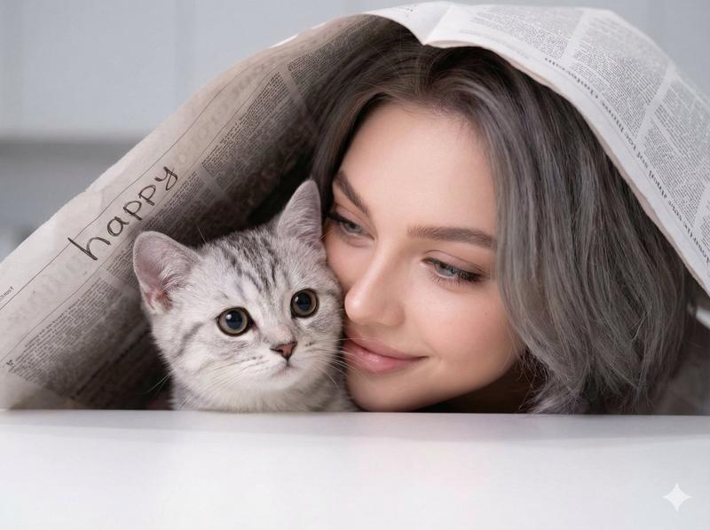 女人和猫咪从纸下探出头来的温馨肖像