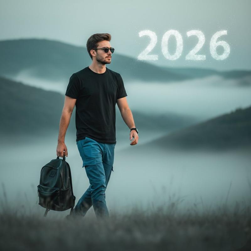 身着工装裤的时尚人士置身于空灵的风景中