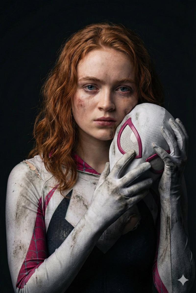 萨迪·辛克 (Sadie Sink) 饰演受伤的幽灵蜘蛛侠 (Ghost-Spider) 的粗犷电影肖像
