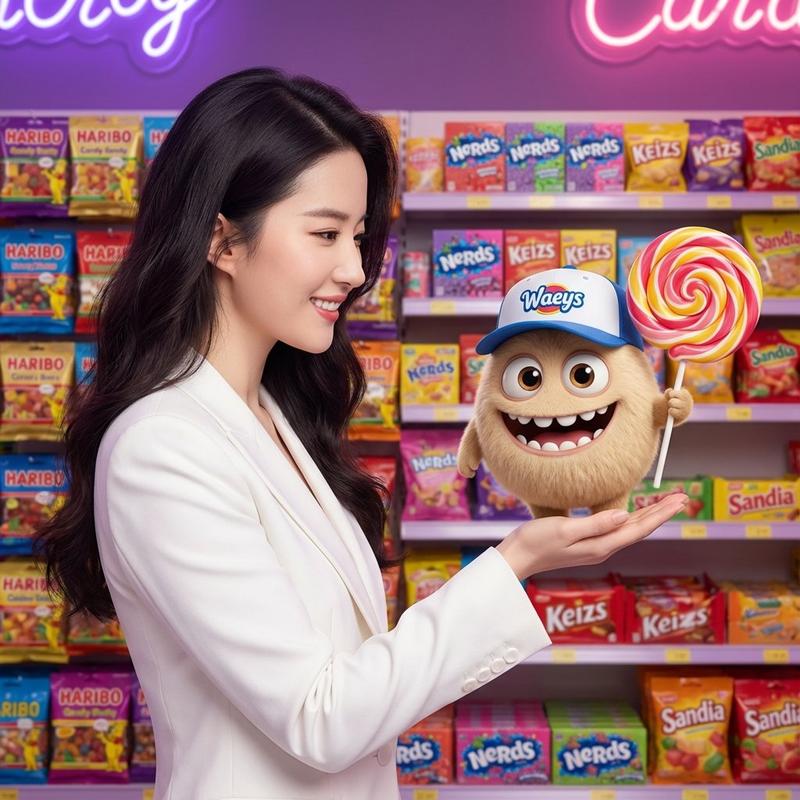 糖果店里带有 CGI 吉祥物的混合媒体肖像