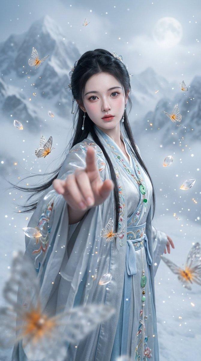 中国仙侠奇幻肖像画，冷色调与魔法效果