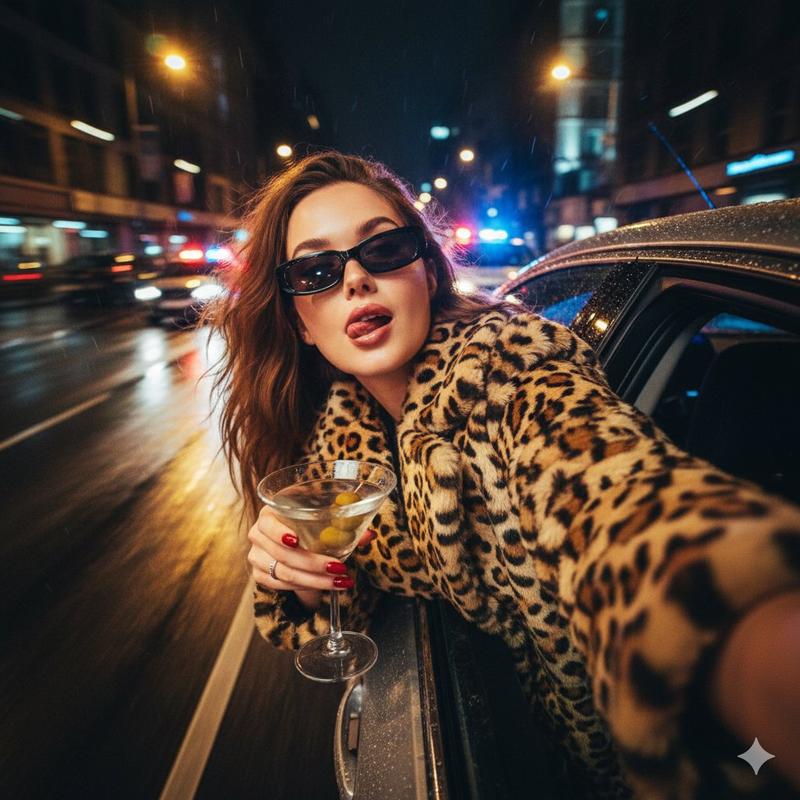 超逼真电影感夜街自拍提示词