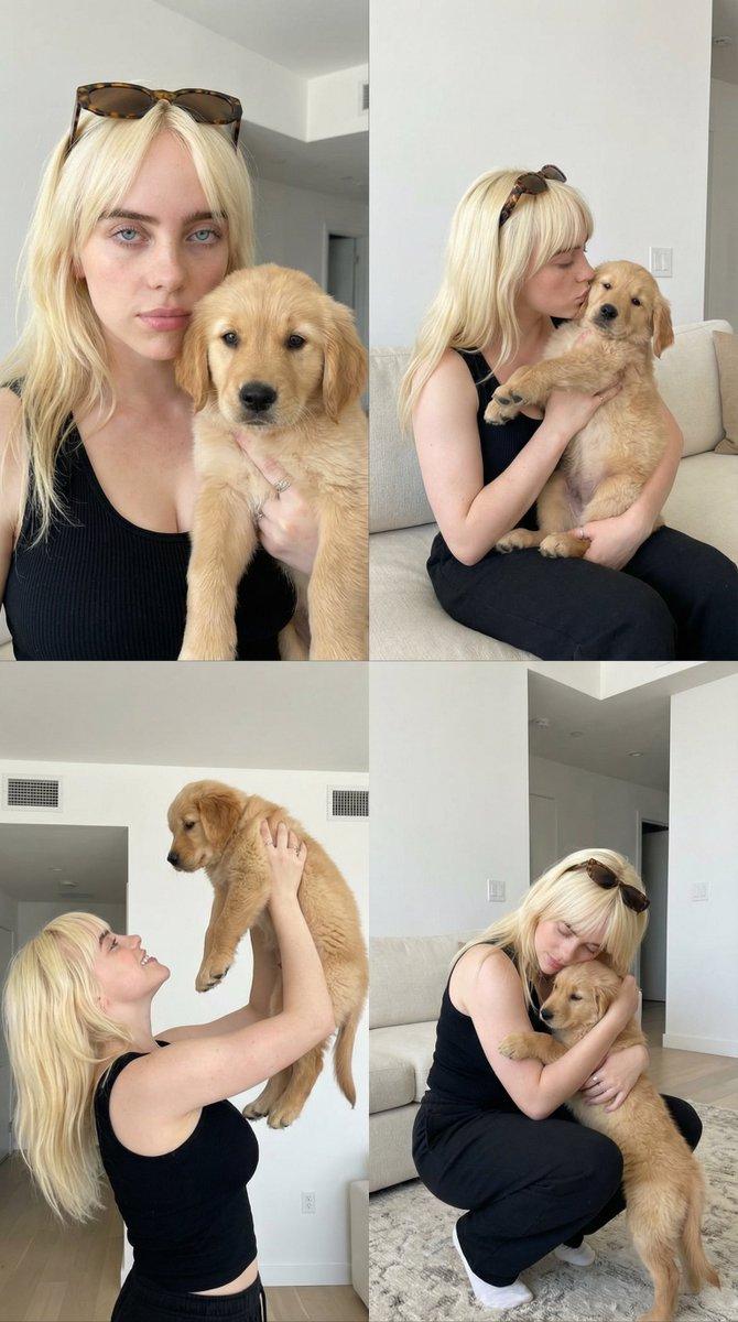 2x2 拼贴画:女士与金毛寻回犬幼犬
