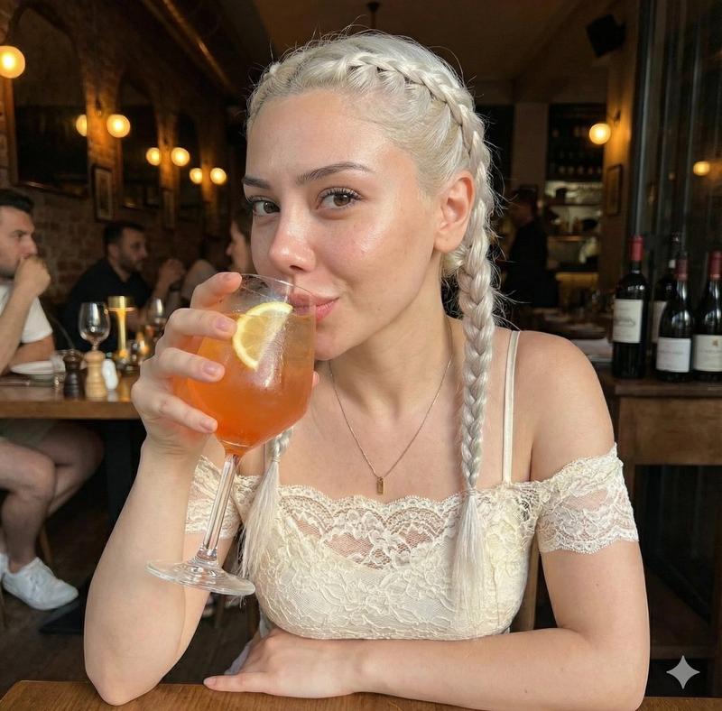 一位女性饮用鸡尾酒的逼真特写肖像