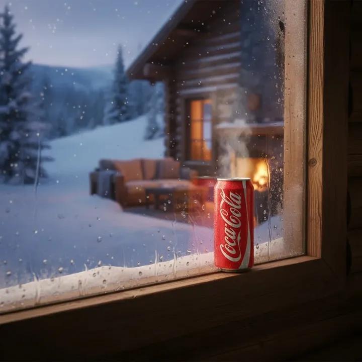 冰雪小屋场景,结霜的窗户和可口可乐罐