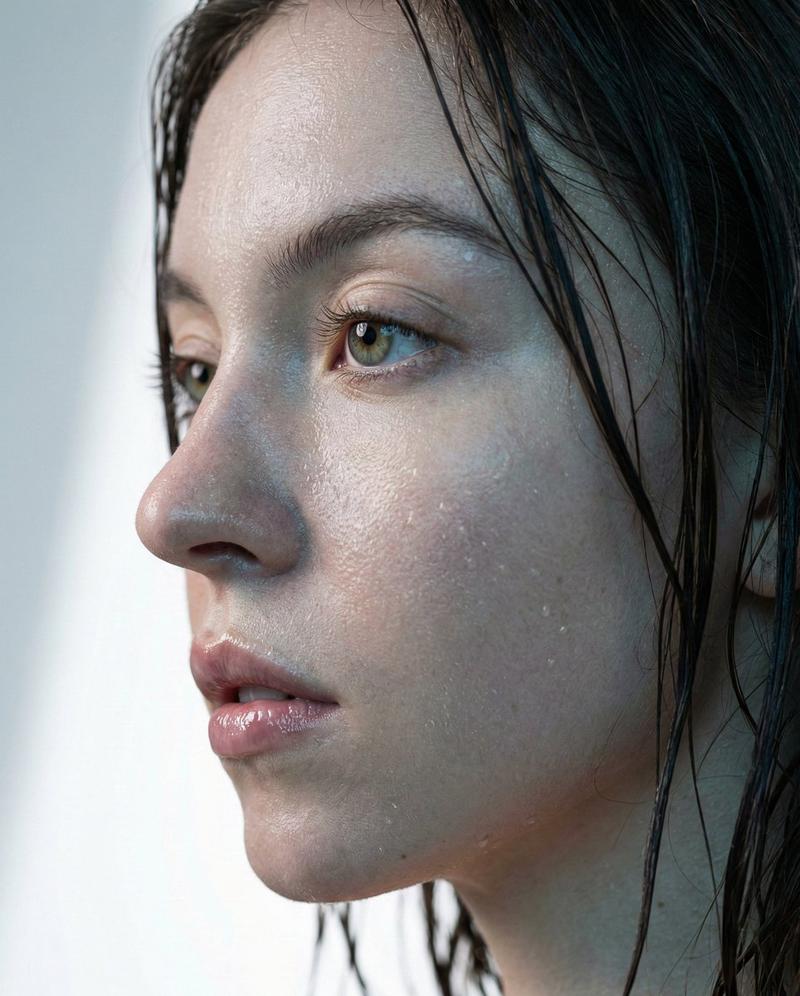悉尼·斯威尼 (Sydney Sweeney) 的超写实微距肖像(湿发造型)