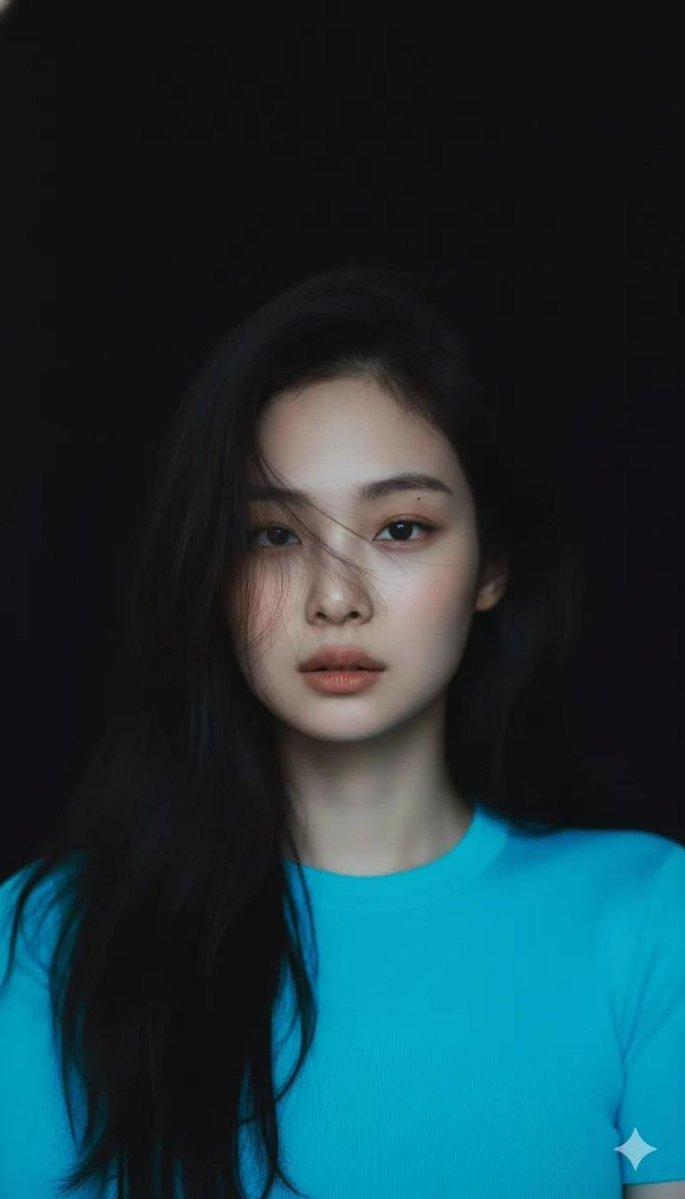 霓虹蓝上衣的忧郁电影感肖像