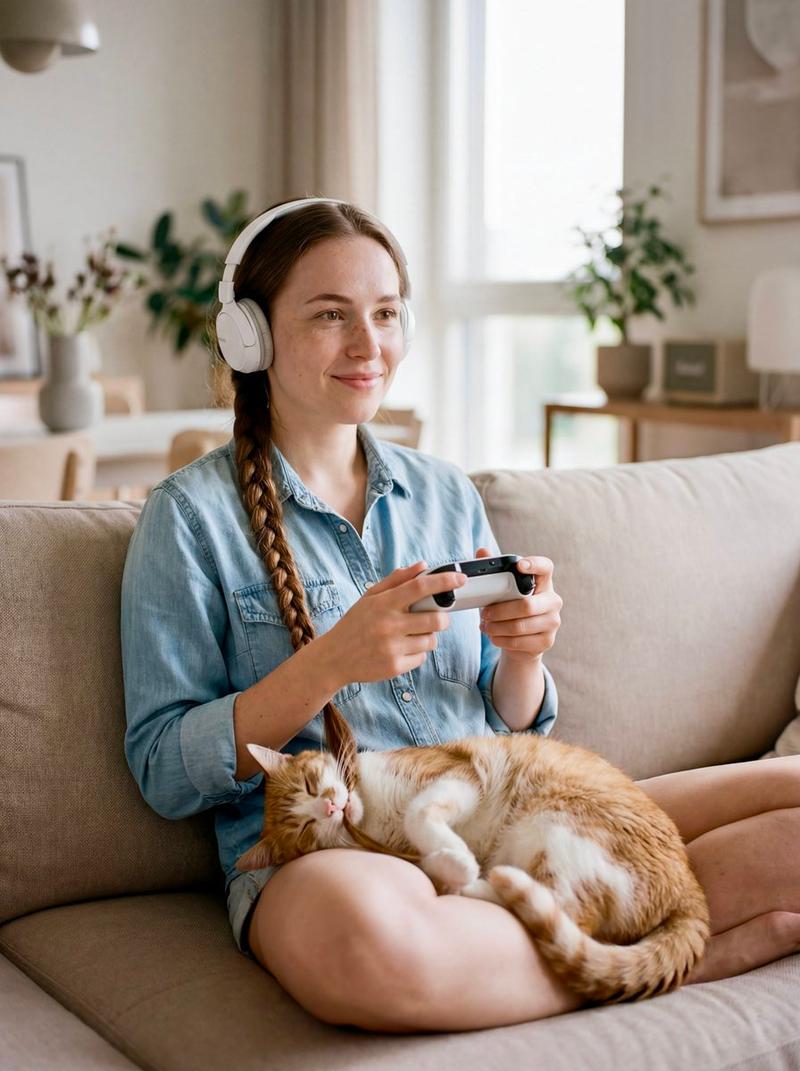 女性与猫咪互动编发造型的编辑肖像