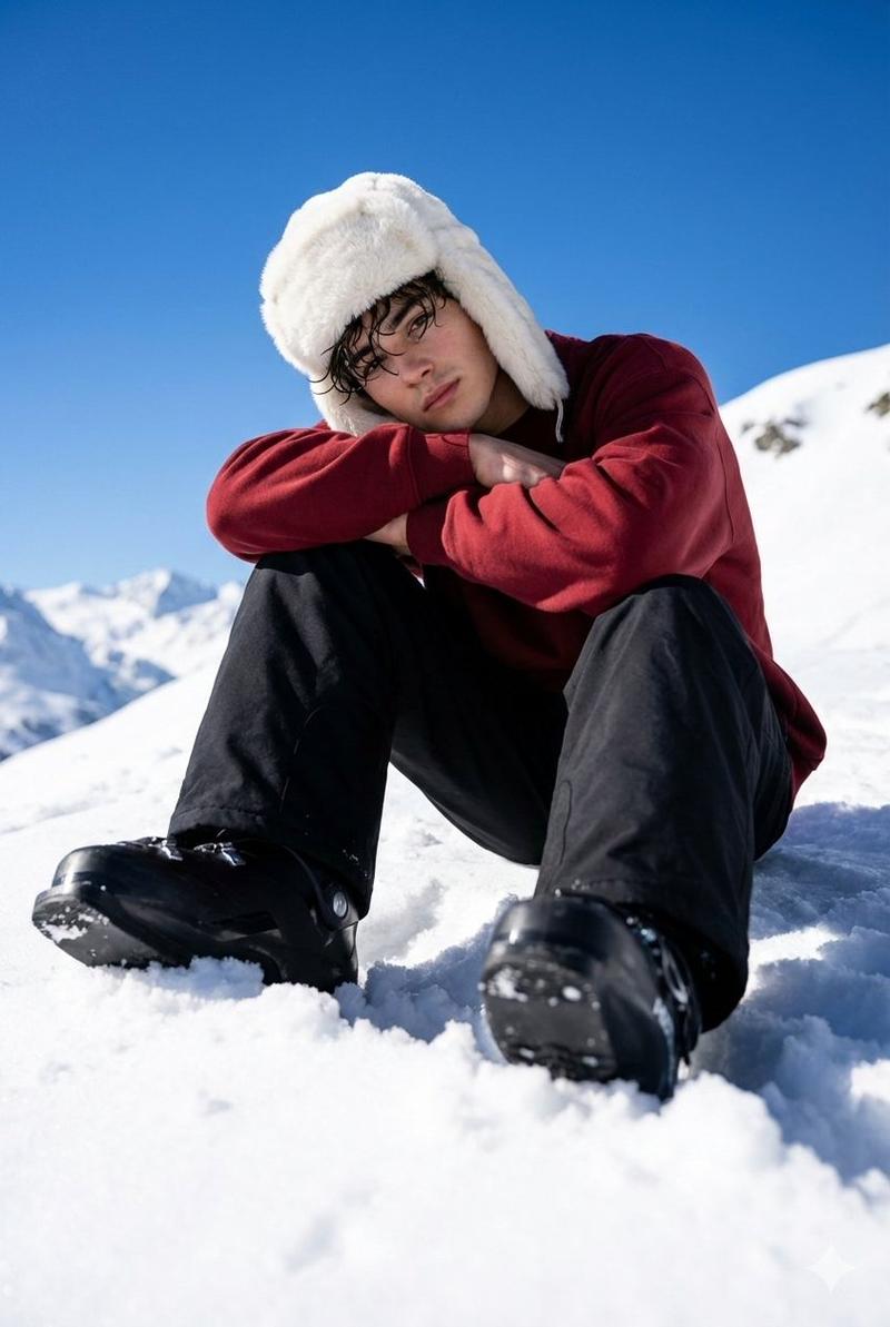 戴着猎人帽的雪山肖像