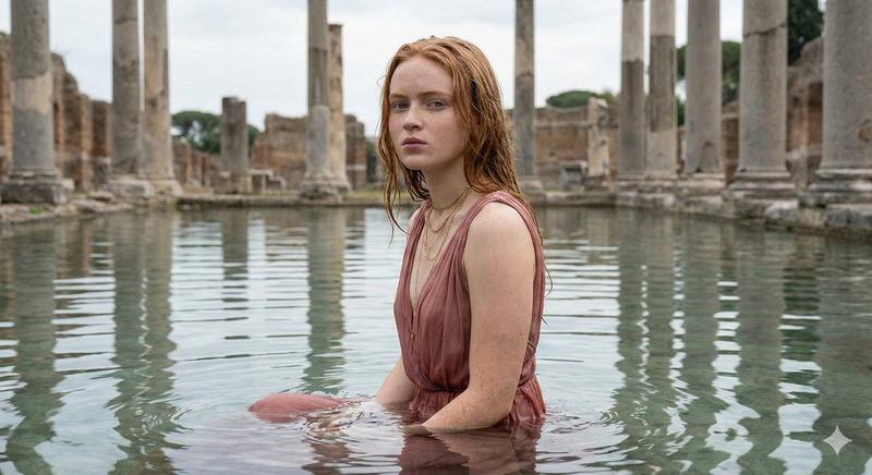 萨迪·辛克(Sadie Sink)身着希腊式长裙,置身古老遗迹