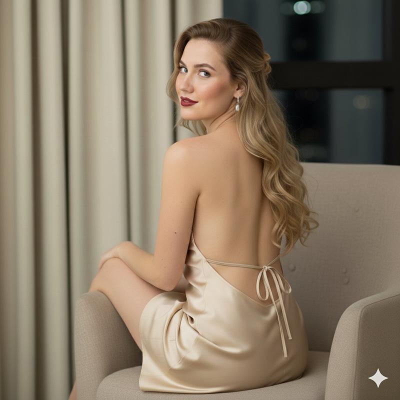 身穿香槟色吊带裙的女性 4K 高清肖像