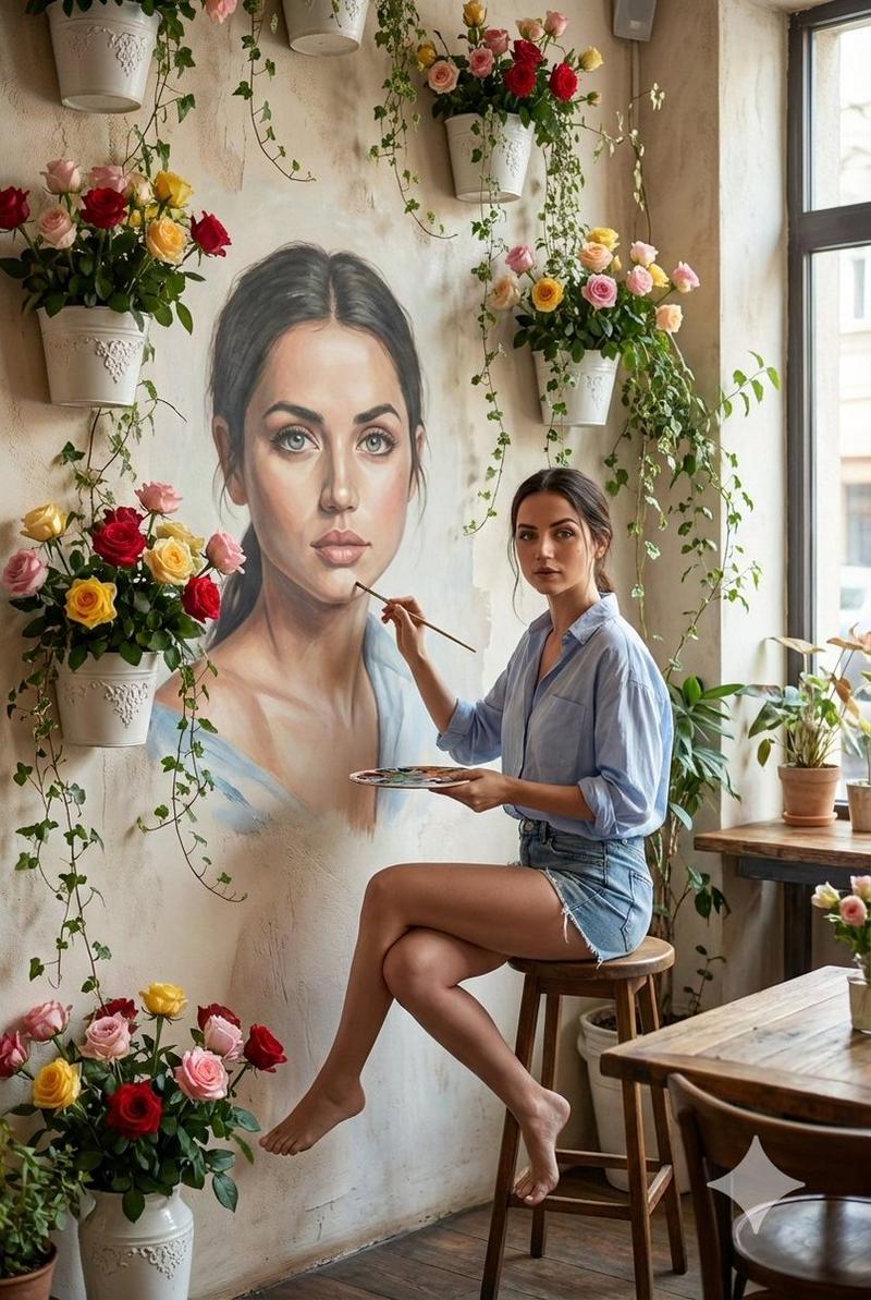 安娜·德·阿玛斯 (Ana de Armas) 绘制逼真的自画像壁画