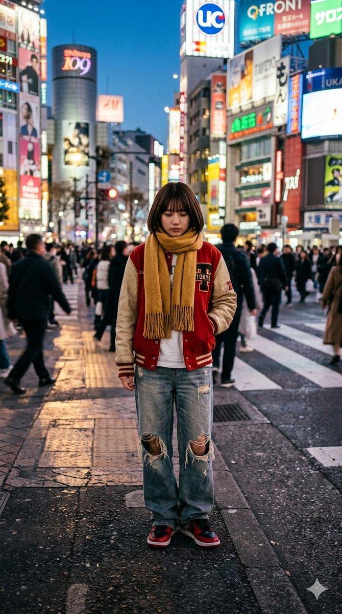 逼真街拍提示词：涩谷复古时尚女孩