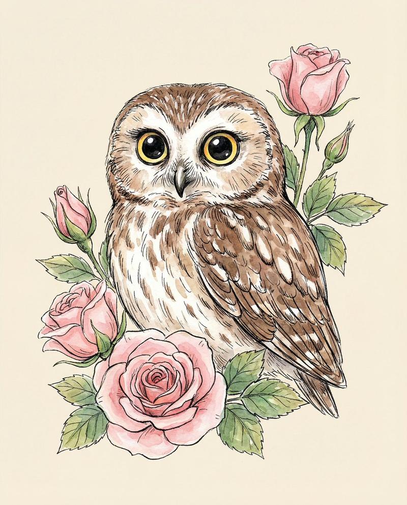 粉红玫瑰可爱猫头鹰水彩插画