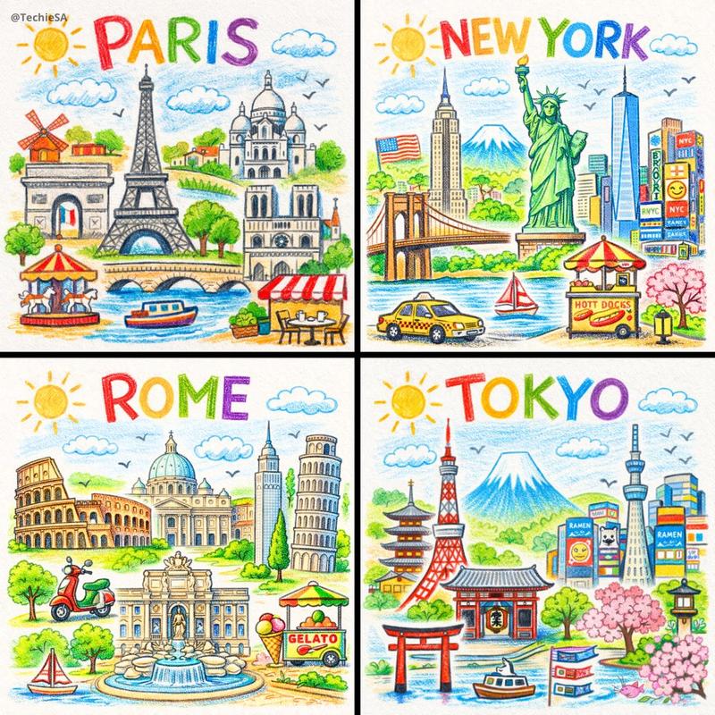 Crayon city landmarks drawing: GPT Image 2 prompt
