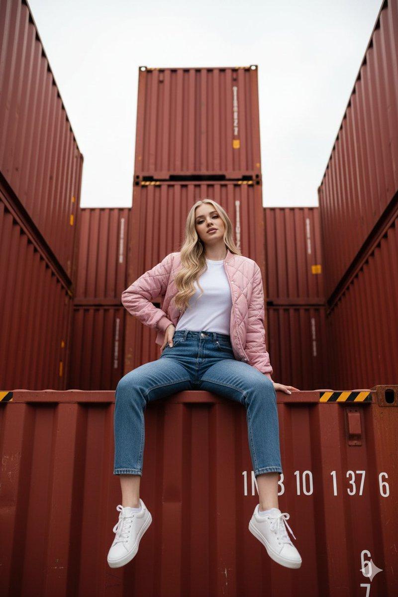 Blonde woman on red shipping container: GPT Image 2 prompt