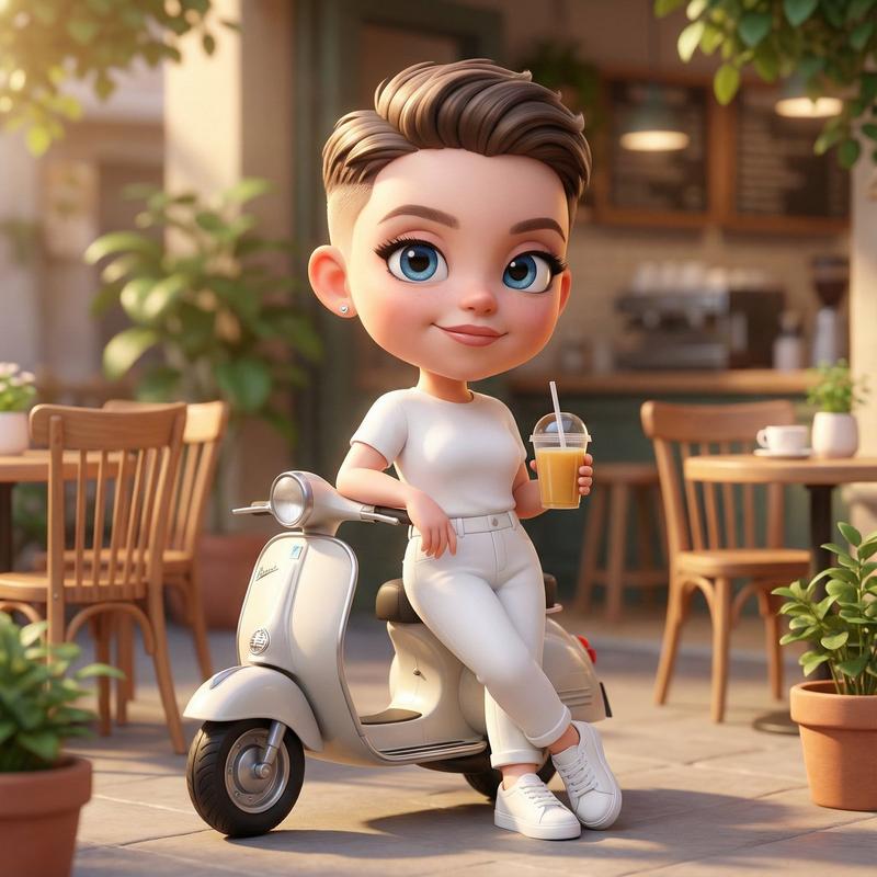 Chibi scooter cafe courtyard render: GPT Image 2 prompt