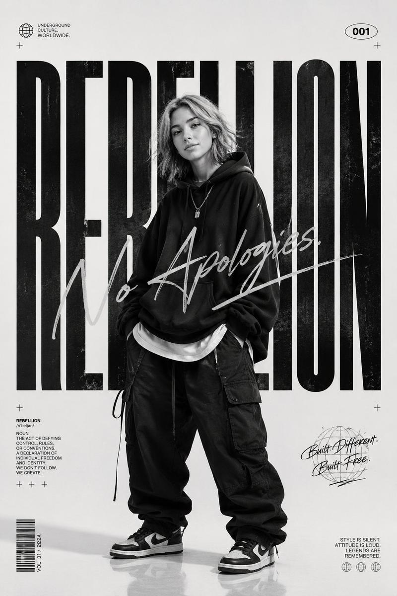 Monochrome streetwear editorial poster portrait: GPT Image 2 prompt