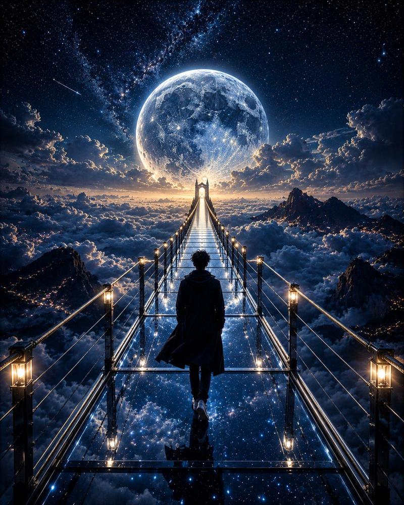 Moonlit glass bridge traveler: GPT Image 2 prompt