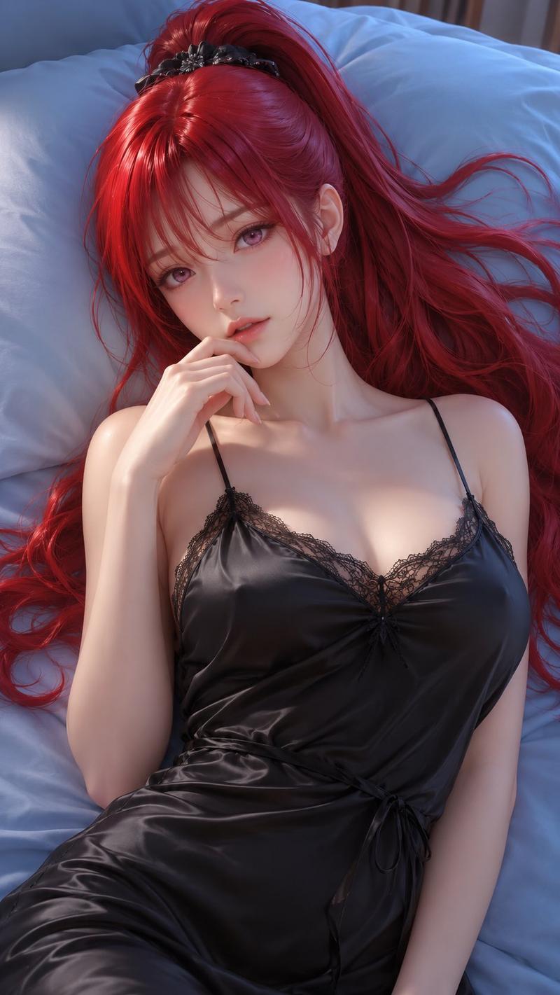 红发女性缎面睡裙卧室3D渲染