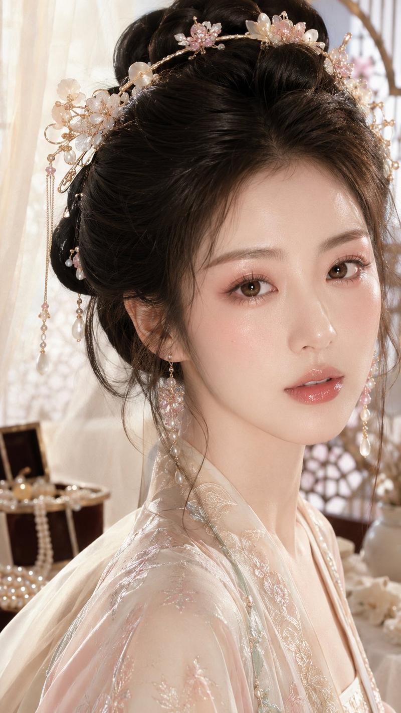 古风贵女珍珠裸粉水光妆人像
