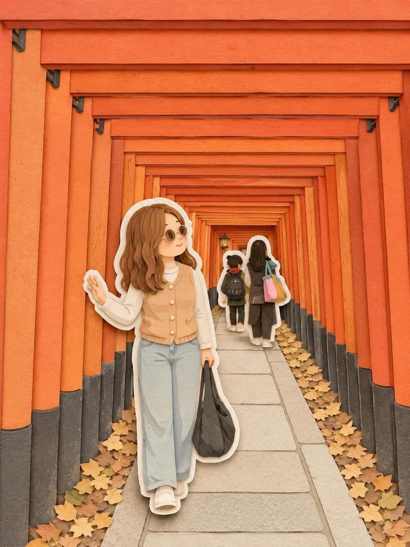 京都鸟居穿行动漫少女纸雕风