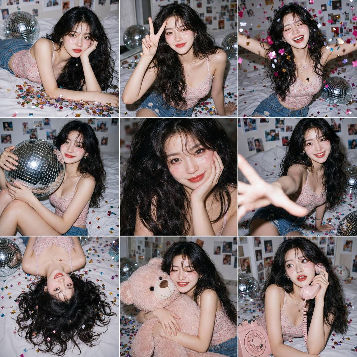 亚裔少女GenZ风格派对九宫格拼贴写真