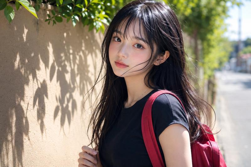阳光下背红色背包的日系清纯少女