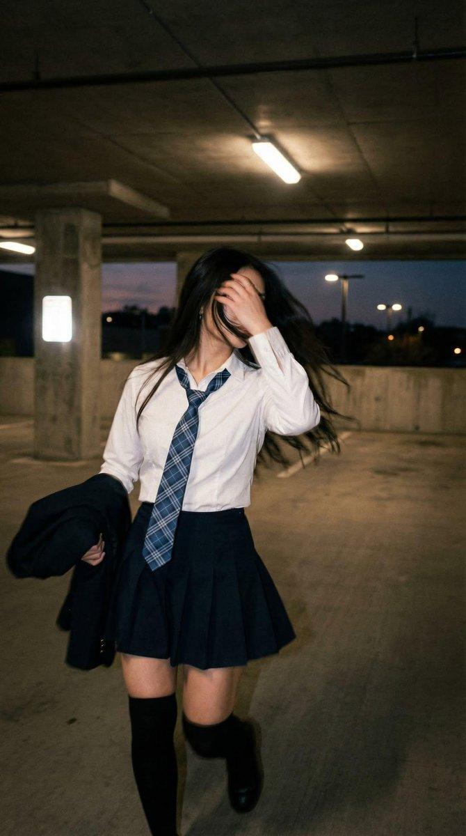 昏暗车库中的白衫短裙少女动态人像