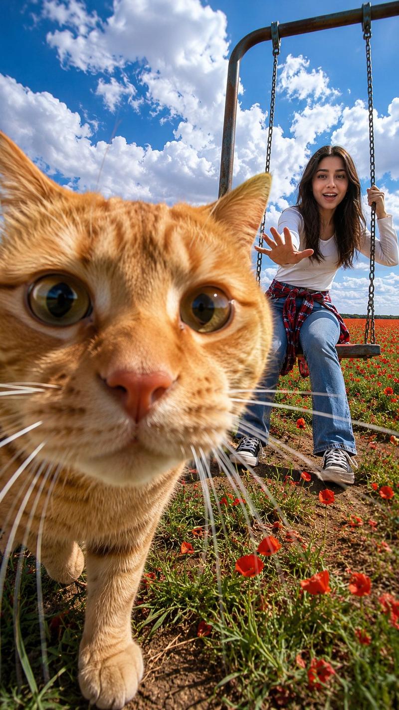 猫咪抢镜的夏日花田秋千写实摄影