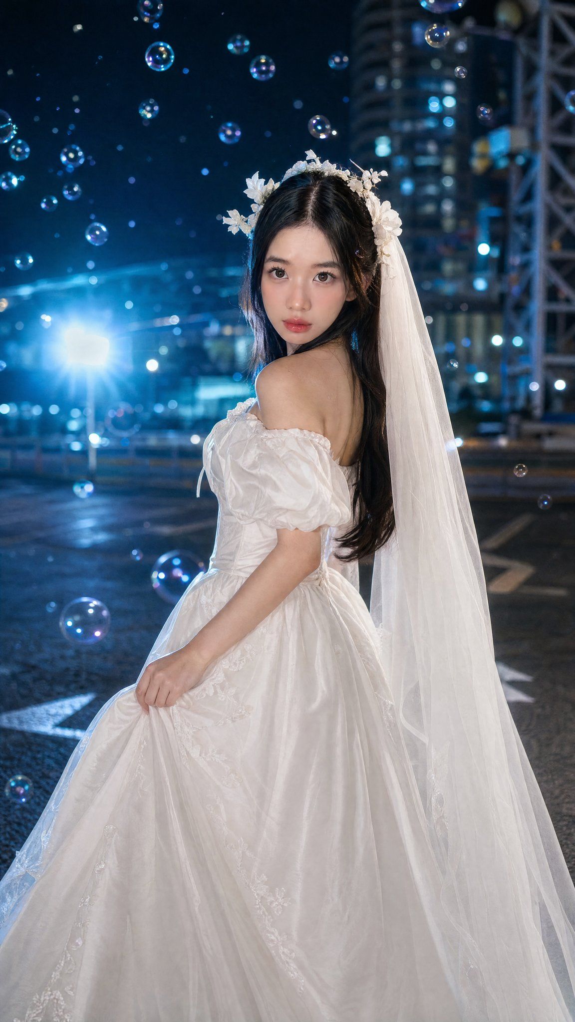 电影感都市夜色白婚纱少女泡泡人像