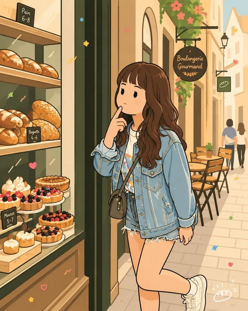 治愈系面包店少女手绘童话插画
