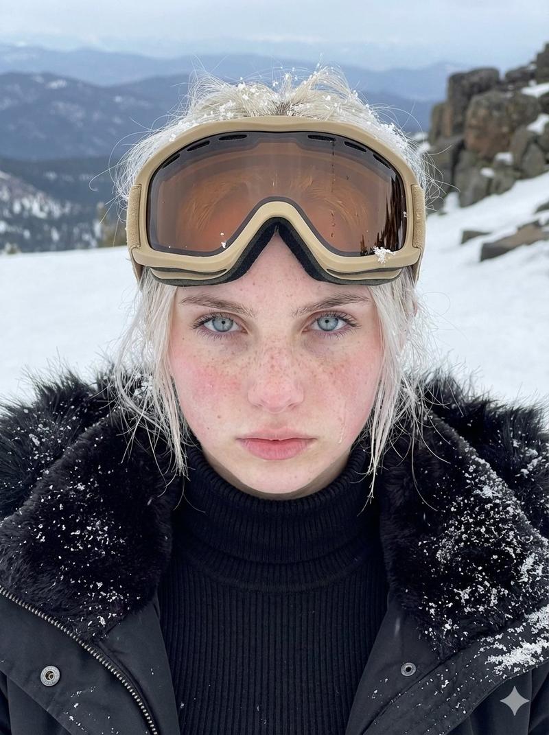 晶蓝眼眸的北欧雪山滑雪少女特写