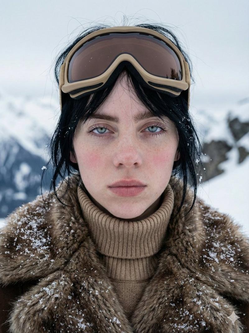冰雪中水晶蓝眼眸的北欧少女特写